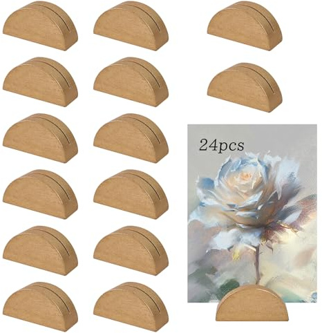 Yuio 24Pcs Golden Table Number Stands, Wooden Table Name Holder Semicircular Place Card Holders Reusable, Photo Table Card Clips for Wedding Banquet Reception Anniversary Birthday Party