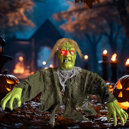 Halloween Deko Zombie mit LED Licht, Beleuchtet Halloween Deko Outdoor Gruselig Skelett Totenkopf Dekoration, Horror Zombie Groundreaker mit Leuchtenden Augen für Hof Rasen Spukhaus Garten (A)