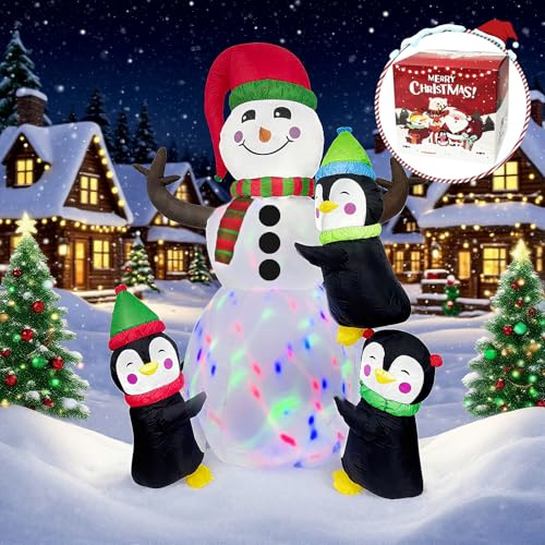 PoolyPoly 180CM / 6FT Aufblasbarer Weihnachten Schneemann mit DREI Pinguinen, Bunte Rotierendes LED-Licht, Dekoration Weihnachten Innen & Außen für Wohnzimmer, Balkon, Garten, Pfähle für Rasen