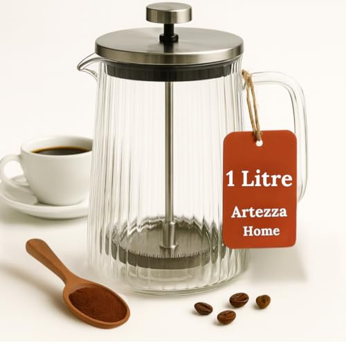 Artezza Home Glass French Press Coffee Maker, Heat Resistant Borosilicate Glass (34oz Ribbed)