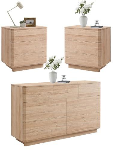 ACCOHOHO 3 Piece Bedroom Furniture Set, 7 Drawer Dresser (52 W) & Two 22 Nightstands, Modern Push-to-Open Drawers, Curved Profile, Dresser and Nightstand Sets for Bedroom, Living Room, Natural Oak