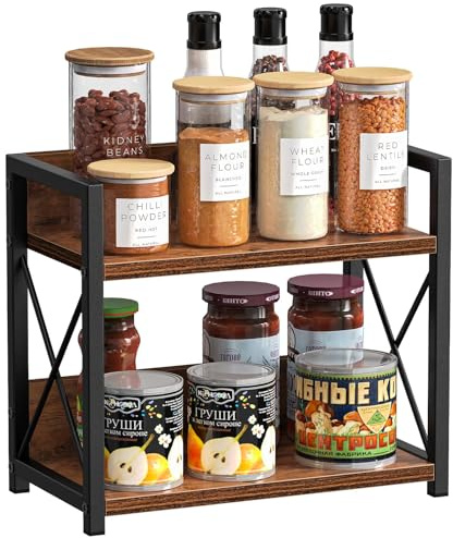 Xygobla 2 Tier Wooden Coffee Station Organiser | Kitchen Counter Spice Rack Organizer, All-in-One Space Saver Storage Shelf for Coffee Pods, Tea Mugs & Spices (Brown)