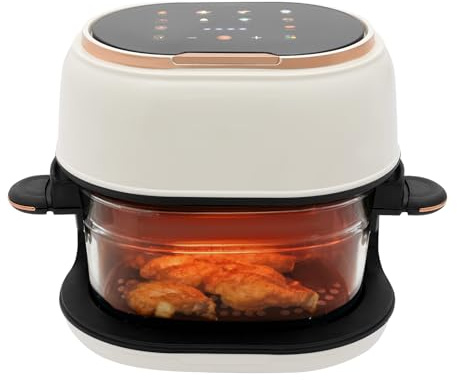 Freidora de aire caliente, 4 L, 1350 W, rango de ajuste de temperatura 60 – 190 °C, apagado automático, minihorno con pantalla táctil digital y cesta transparente (blanco)