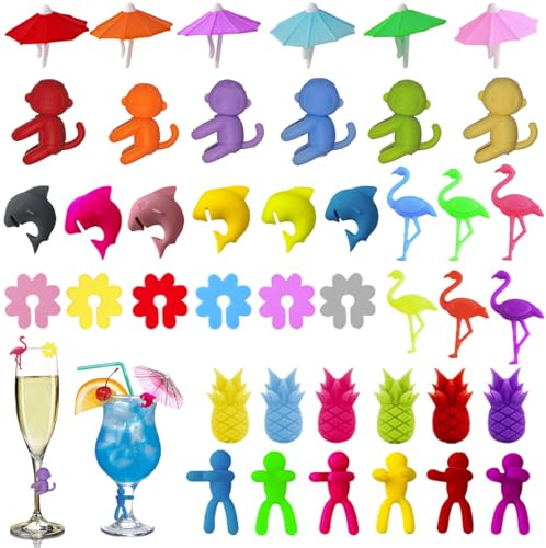Puhzamey 42 Stück Silikon Glas Markierung, Glasmarker,Wein Marker Trinkgläser,Wiederverwendbare Glasmarker für Weingläser,Bunte Glasmarkierer für Party, für glasmarkierer & anhänger