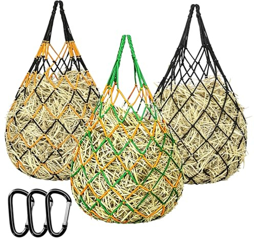 3 Pcs Red de Heno para Alimentación Malla 6 cm Bolsa de Heno para Caballos | Bovinos Ovinos Polipropileno Duradero Saco Forrajero con 3 Mosquetones Aluminio en Exteriores Establo Remolque Pasto
