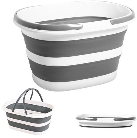 SSKT 16L Collapsible Washing Up Bowl with Handles – Foldable Wash Basin, Space Saving Portable Bucket for Kitchen, Camping, Caravan, Laundry, Car Washing & Cleaning – Compact Folding Tub (Grey)