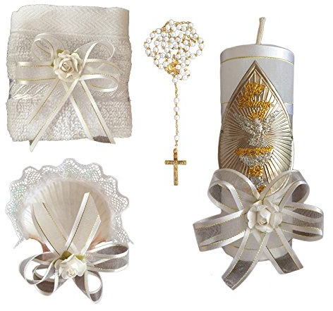 Kit de Bautizo, Baptism Christening Kit, Catholic Handmade kit with Towel, Rosary, Baptism Candle and Baptism Shell, kit de bautizo con Toalla, Concha y Rosario, White Baptism Favor