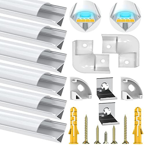 Chesbung 6 Pack V Shape Led Aluminum Profile for LED Strips, 1Meter/3.3ft Led Aluminum Channel with Milky White Cover, Led Track Diffusers with End Caps, Mounting Clips and 90 Degree Corner Connector