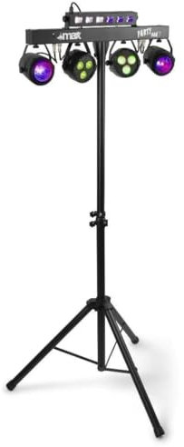 MAX PartyBar10 Disco Party Lights with Lighting Stand- All-in-One DJ Lighting System with 2 PAR Cans, 2 Jelly Moon Derby Effects, UV/Strobe, DMX, Standalone and Sound-Activated Modes