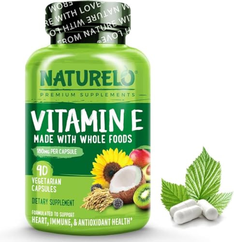 NATURELO Vitamin E Capsules 180 mg - 90 Vegan Capsules | Supports Skin, Hair, and Nails | Immune and Eye Health | Natural Mixed Tocopherols & Whole Foods | Non-GMO, Dry Vitamin E