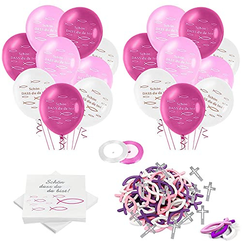 Kommunion Deko Mädchen, Taufedeko Rosa Set mit Servietten Kommunion und Holzfische, 125 Stücke Konfirmation deko Tischdeko für Taufe