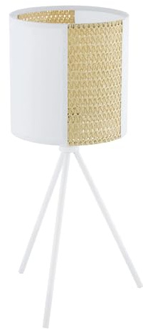 EGLO Tischlampe Arnhem, 1 flammige Tischleuchte vintage, boho, hygge | Nachttischlampe aus Papier, Seegras, Metall in Weiß, Natur, Wohnzimmerlampe, Lampe mit Schalter, E27