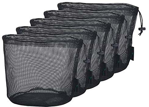 iBasingo 5 st små svarta nätpåsar i nylon med dragsko för kosmetika, duschgel, tennisburk, golfboll, utomhusverktyg