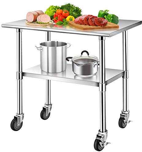 GYMAX Arbeitstisch Edelstahl mit höhenverstellbarer Ablage, Lebensmittel Zubereitungstisch mit 4 Rädern, Zerlegetisch Küchentisch bis 250 kg belastbar, für Küche, Bar, Restaurant, 91,5 x 61 x 88,5 cm
