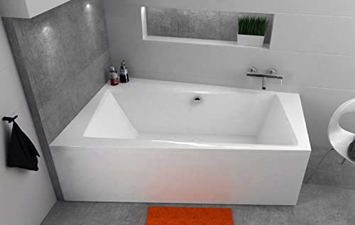 ECOLAM Badewanne Infinity Trapezwanne Eckwanne für Zwei mit Abfluss mittig 170x110 cm LINKS + Schürze aus Acryl + Ab- und Überlauf Automatik Füße Silikon Komplett-Set