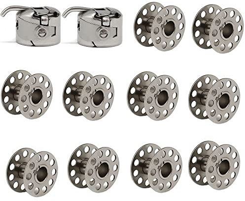 Fbshicung 12-teiliges Spulen-Set, 2 Stück Nähmaschinen-Spulenkoffer und 10 Stück Metallspulen, Nähspulen mit Shuttle-Halter für Haushaltsnähen, kompatibel mit Frontlader, 15 Klassen-Maschinen