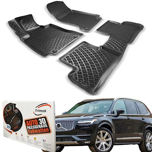 Trimak Passgenau 3D Fussmatten Auto Kompatibel mit Volvo XC90 2 Gen ab 2015 Auto Zubehör 1. und 2. Reihe Gummimatten Autos TPE Allwetter Geruchlos rutschfest Vorne & Hinten Schwarz