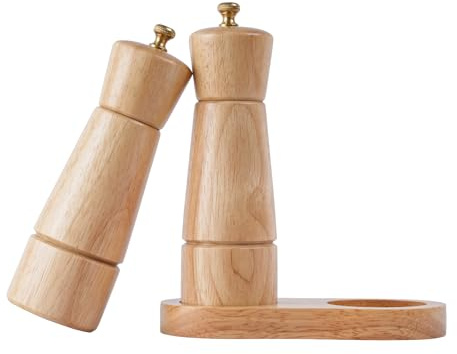 DeroTeno Salz- und Pfeffermühlenset mit Mühlenuntersetzer, Verstellbare Keramikmahlwerk Salzmühle, Edelstahlmahlwerk Pfeffermühle, Gummiholz, 16,5 cm Höhe, Boden DIA 5cm
