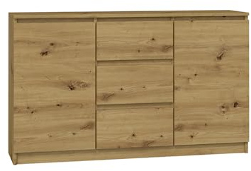 VBChome Kommode mit 2 Türen und 3 Schubladen 120 x 40 x 75 cm Eiche Aritsan Grifflose Schubladenkommode Mehrzweckschrank für Flur Schlafzimmer Wohnzimmer Kinderzimmer Modern Eiche Aritsan