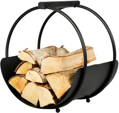 Dibor Curved Log Basket Wood Cradle - Contemporary Style Matte Black Recycled Iron Log Store Wood Basket with Sturdy Base - Modern Indoor Hearth Fireplace Log Burner Kindling Basket