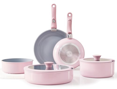 Florosa Juego de sartenes de cerámica, 9 piezas, ollas y sartenes no tóxicas, antiadherente, sartén de camping con tapa y asas extraíbles, apta para inducción y horno, apilable, color rosa