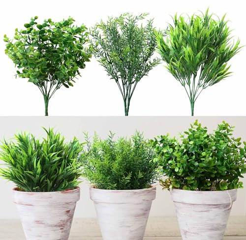 YXYQR Fake Greenery Plants Outside 6 Pack Outdoor Artificial Plants Grass UV Resistant Faux Shrubs Boxwood Rosemary Bushes Green Plant Decor for Patio Front Porch Garden Window Box Hanging Planter