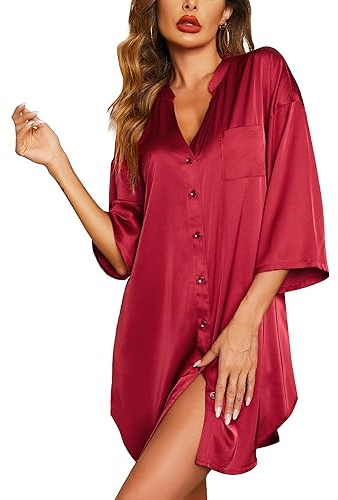 Ekouaer Silk Nightshirt Button Loungewear Satin Pajama Tops for Women Silk Sleepwear Plus Size Nightwear