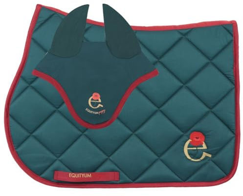 Sottosella + Cuffietta Equityum Poppy,Alta Qualità, Design Italiano, Materiali Innovativi, Traspirabilità e Dettagli Raffinati per il Comfort del Cavallo (verde/rosso, full)