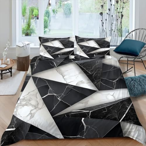 EXSANLIEAY Marmor Bettwäsche 135x200 - Schwarz Und Weiß Wendebettwäsche, Weiche & Atmungsaktiv Microfaser Bettbezug + 2 Kissenbezug 80x80, Angenehme bettwäsche-Sets, 3 Teiligmit Reißverschluss
