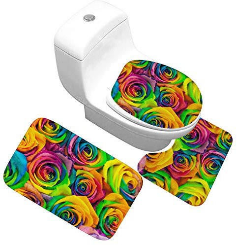 Bad Teppiche Set 3-Teiliges Grüne Gelbe Blüten WC Vorleger Mit Ausschnitt Badematte Saugfähig WC Deckelbezug Badvorleger rutschfest Waschbar Toilettensitzbezug Badgarnitur (50x80cm)