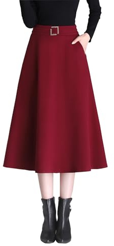 Damen Vintage Wollrock hohe Taille Midi Rock Warm Winterrock A-Linie röcke Elegant Faltenrock Wine red XL
