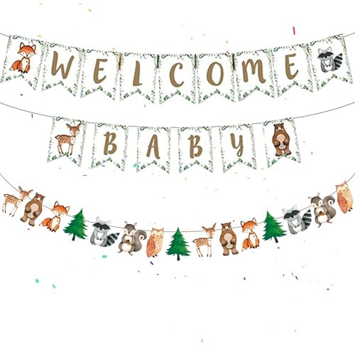 Willkommen Zuhause Baby Banner Dekoration - 30 Stücke Welcome Home Baby Shower Girlande, Gender Reveal Banner für Junge Mädchen, Babyparty Babydusche Bunting, Waldtieren Geschlecht Verraten Deko
