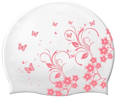 Bonnet de Bain Femme, Bonnet Piscine Femme Cheveux Longs, pour Adolescents, Adultes, Silicone, Imperméable (Fleur, Rose)