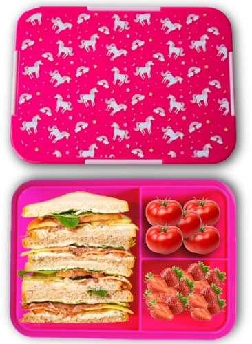 Generisch Kinder Brotdose Einhorn Regenbogen Rosa – Bento Lunchbox mit 3 Fächern, auslaufsicher & BPA-frei – Mikrowellen- & Spülmaschinengeeignet – Pausenbox für Kita & Schule, 1120 ml