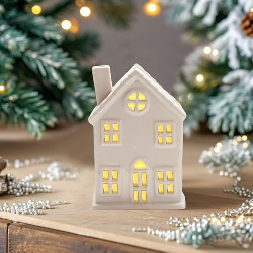 Nexoria Weihnachtsdeko Keramik Lichthäuser, Weihnachtsdorf mit Beleuchtet LED Lichthaus Weisse Porzellan Lichterhaus Weiß Weihnachten Deko Windlicht Haus Weihnachtshäuser für Weihnachtsdeko Innen (P)