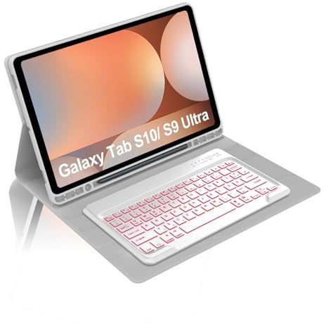 Occtingkind Custodia per tastiera per Samsung Galaxy Tab S10 Ultra/S9 Ultra 14,6 - 7 colori retroilluminati Tastiera Bluetooth rimovibile QWERTZ Tedesco, USB-C, Slim, Grigio chiaro (SM-X920/X926B