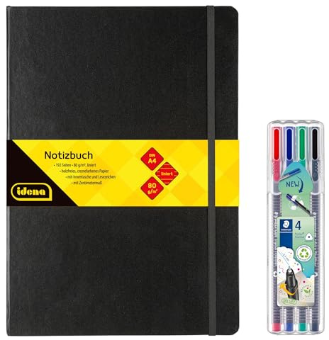 Idena 90340 - Notizbuch DIN A4 mit 192 Seiten, liniert, inkl. 4 STAEDTLER Triplus Fineliner mit superfeiner, metallgefasster Spitze, 0.3 mm
