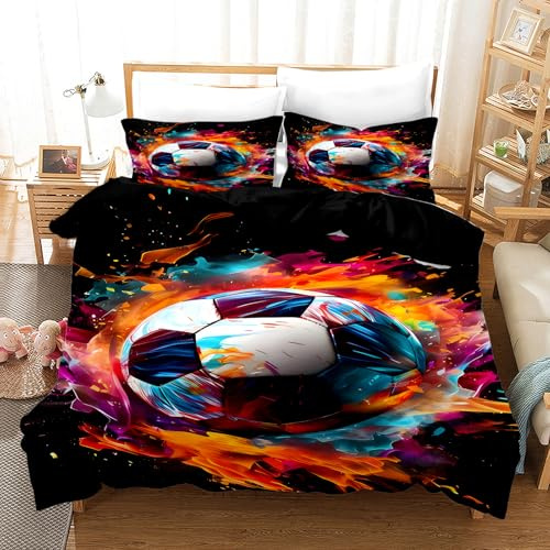KAIDAARTLH Set de Linge de lit Football 200x200cm, Motif Football Imprimer Housse de Couette en Microfibre, avec Fermeture éclair et 2 taies d'oreiller 50X75cm (B, 200x200cm)