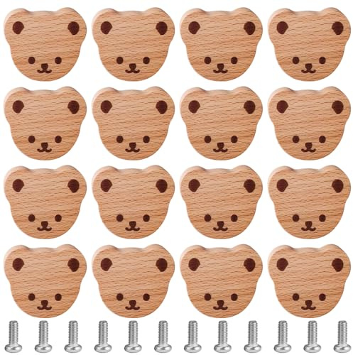 12 Stück Bär Schrankknöpfe Holz, Hölzerne Schubladenschubladen mit Schrauben, Möbelknöpfe Schubladenknopf, Holzgriffe für Schränke, Kinderzimmer Schrankgriffe aus Bucheholz für Schränke, Kommoden