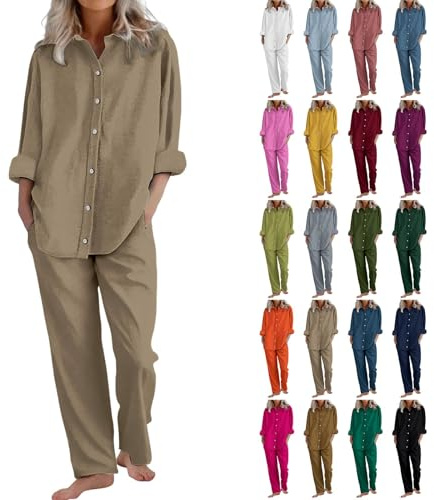 Zweiteiler Damen Langarm Elegant - Sommeranzug Damen Leicht Elegant XXL Musselin Set Lange Hose 2 Teiler Sport Outfit Damenset Zweiteiler Mit Hose Casual Tracksuit Leicht Atmungsaktiv Sportanzug
