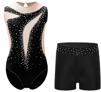 Kaerm Balettdräkt för barn, flickor, ärmlös, gymnastikdräkt, strass, glitter, gymnastikdräkt, ståkrage, dansbody, tröja med shorts, gymnastik, träningsoverall, svart, 134/140 cm