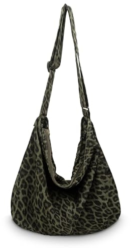 X SIM FITNESSX Leoparden Umhängetasche Shopper Schultertasche Macchiato Schultertasche Leinwand Cavans große Tascher mit Reißverschluss (Leopard -Grün)