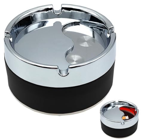 Posacenere Rotondo Girevole, Portacenere da Tavolo, Moderno Colorato con Coperchio Apribile per Scomparto Sigarette, Cenere e Mozziconi in Giardino, Bar, Ufficio, Casa (NERO)