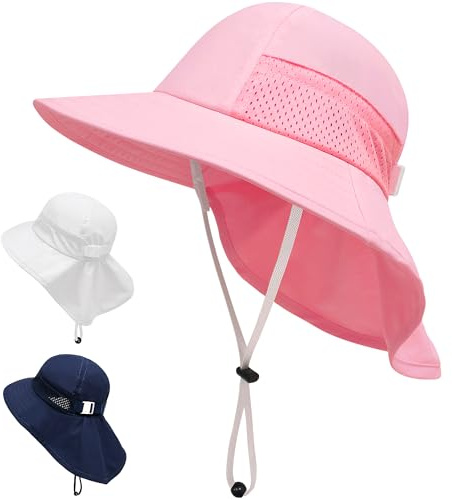JinBei Bébé Chapeau de Soleil, UPF 50+ Anti-UV Réglable Rose Fille Casquette de Cou Protection, Baby Chapeaux de Seau Respirant Chapeau de Plage d'été pour Tout-Petits 3-24 Mois