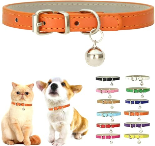 Orange XS Dog Collar With Bell, Pu Leather Cat Collar With Bell Soft Puppy Collar Adjustable Buckle For Tiny Teacup XXS Extra Small Male Boys Kitten Pets Like Chihuahua, X-Small