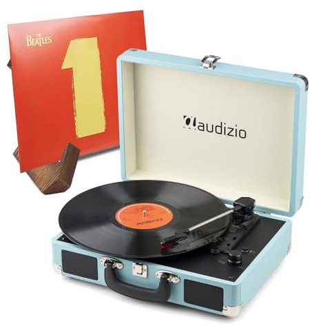 Audizio Blue Suitcase Record Player with Built-in Speakers, Bluetooth Input & Output and Retro Wooden Vinyl Display Stand - USB MP3 Encoding