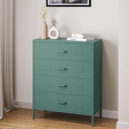 skølm Atria Kommode 100x80x40 cm, 4 Schubladen, Dunkelgrün, Metallschrank | Sideboard, Mehrzweckschrank Allzweckschrank, Aufbewahrungsschrank/Flurschrank/Schubladenschrank/Industrial Highboard Flur