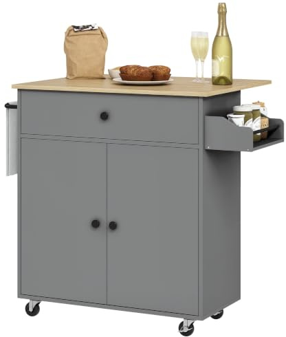 HOMCOM Isla de Cocina con ala Abatible Carrito de Cocina Mueble Auxiliar de Cocina con Ruedas 2 Puertas Cajón Especiero Toallero y Estante Ajustable 106x42x87 cm Gris y Roble