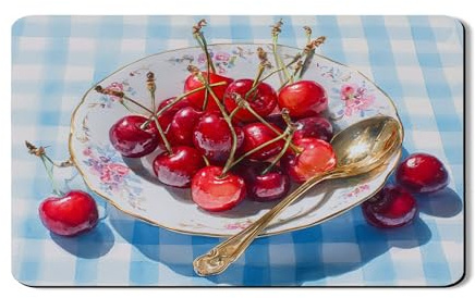 Cherries Dish Drying Mats For Kitchen Counter, Vintage Floral Absorbent Rubber Dish Drainer Rack Mat, Spring PU Leather Drying Pad For Kitchen Counter Coffee Bar Protector 12x20 Inch