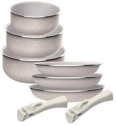 Juego de 6 pcs: 3 sartenes Ø18Ø20Ø24cm y 3 Cacerolas Ø16Ø18Ø20cm en aluminio prensado con revestimiento ILAG con 2 mangos extraibles